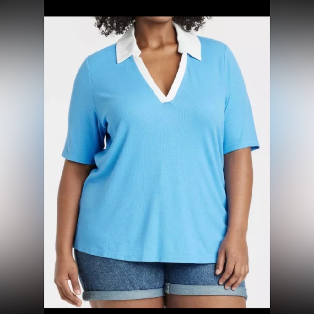 Ava & Viv 2X Ribbed Polo Shirt White & Bleu Short Sleeve Cotton Soft NWT